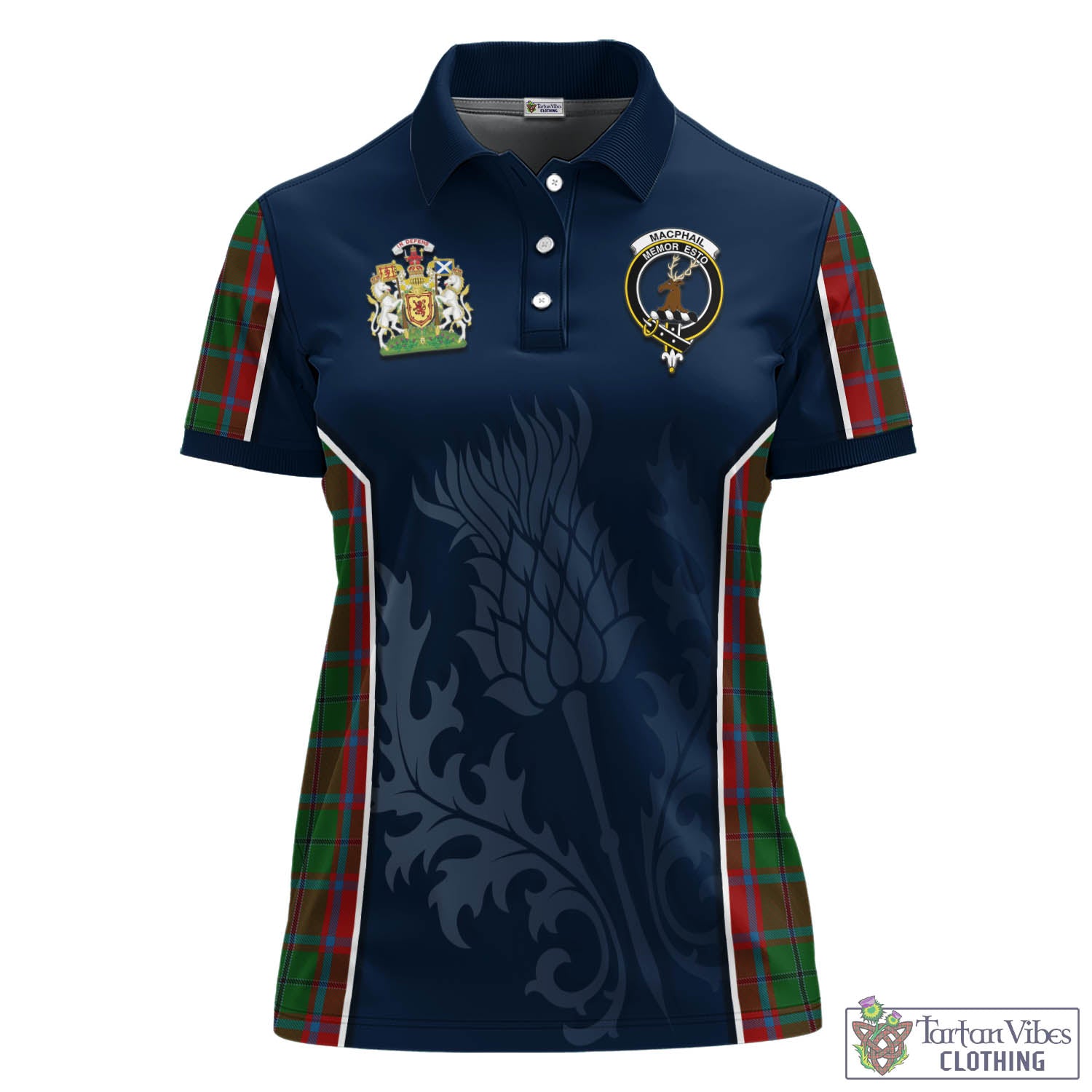 Tartan Vibes Clothing MacPhail Blue Bands Tartan Women's Polo Shirt with Family Crest and Scottish Thistle Vibes Sport Style