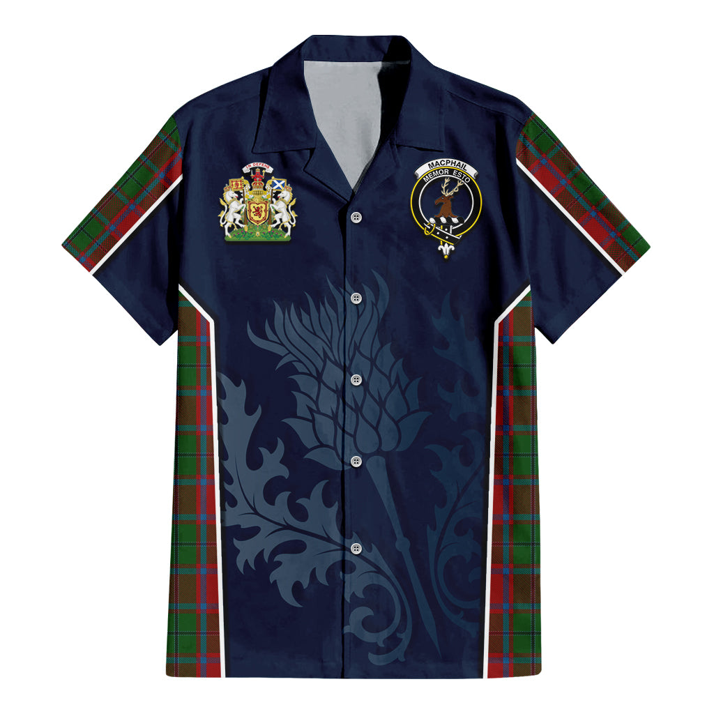 Tartan Vibes Clothing MacPhail Blue Bands Tartan Short Sleeve Button Up Shirt with Family Crest and Scottish Thistle Vibes Sport Style