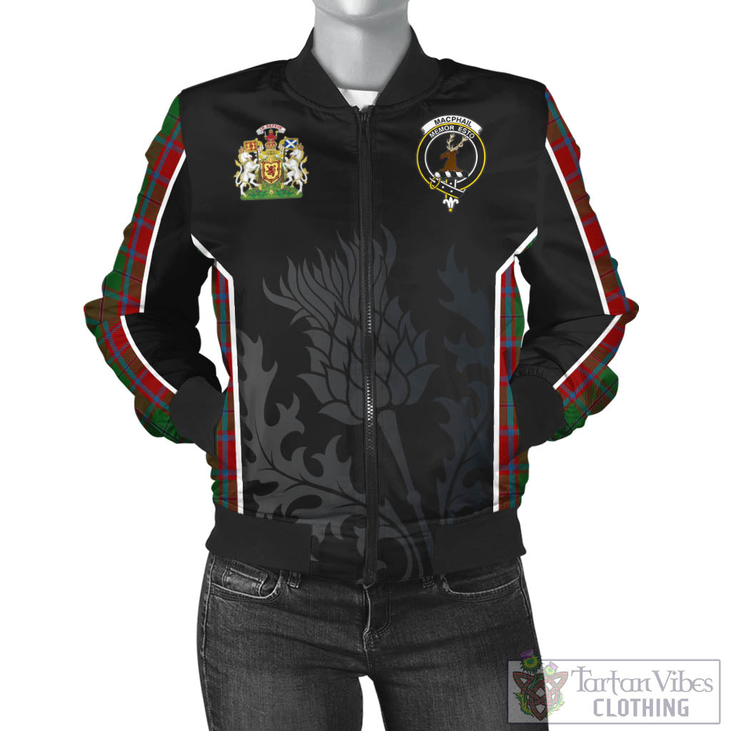 Tartan Vibes Clothing MacPhail Blue Bands Tartan Bomber Jacket with Family Crest and Scottish Thistle Vibes Sport Style