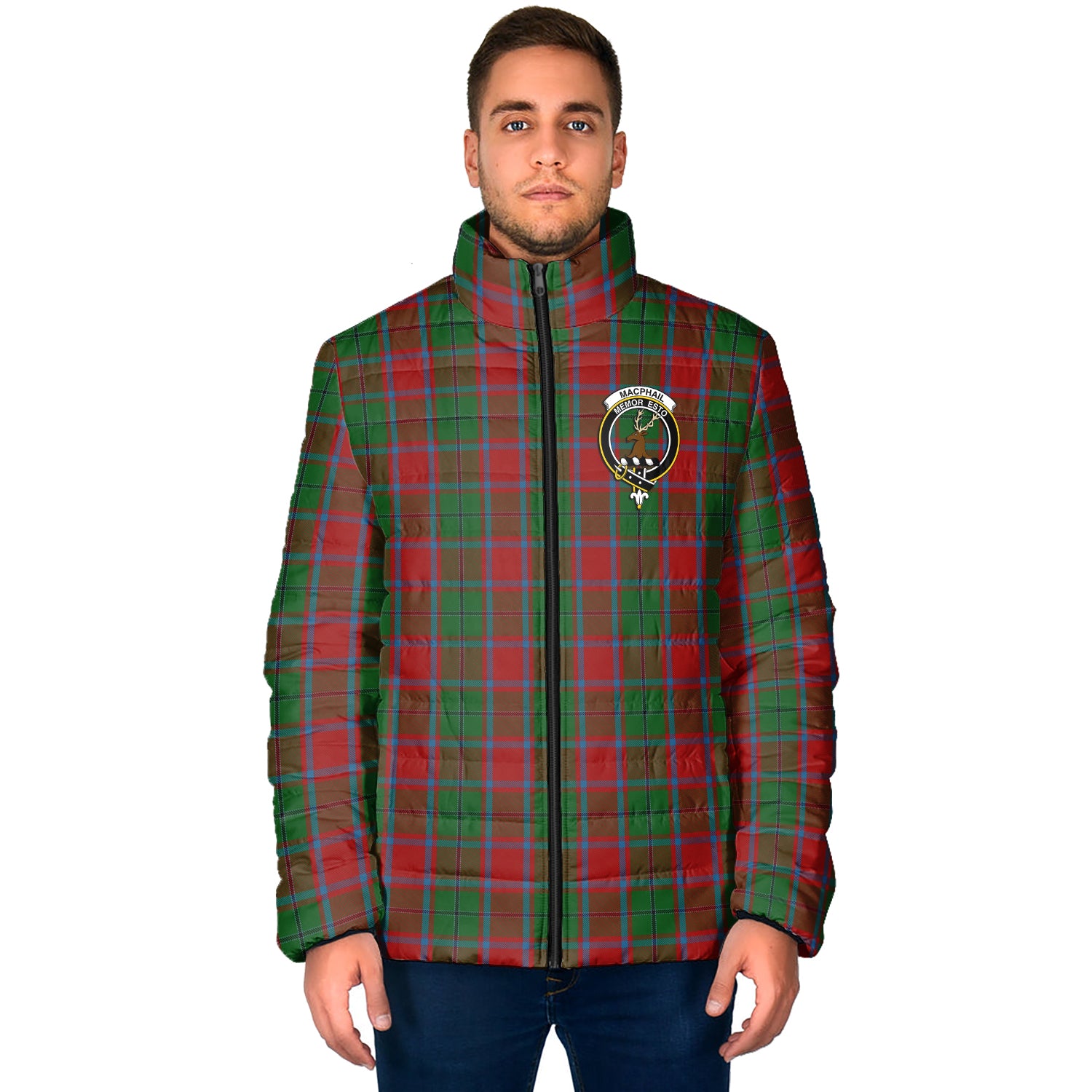 MacPhail Blue Bands Tartan Padded Jacket with Family Crest - Tartan Vibes Clothing