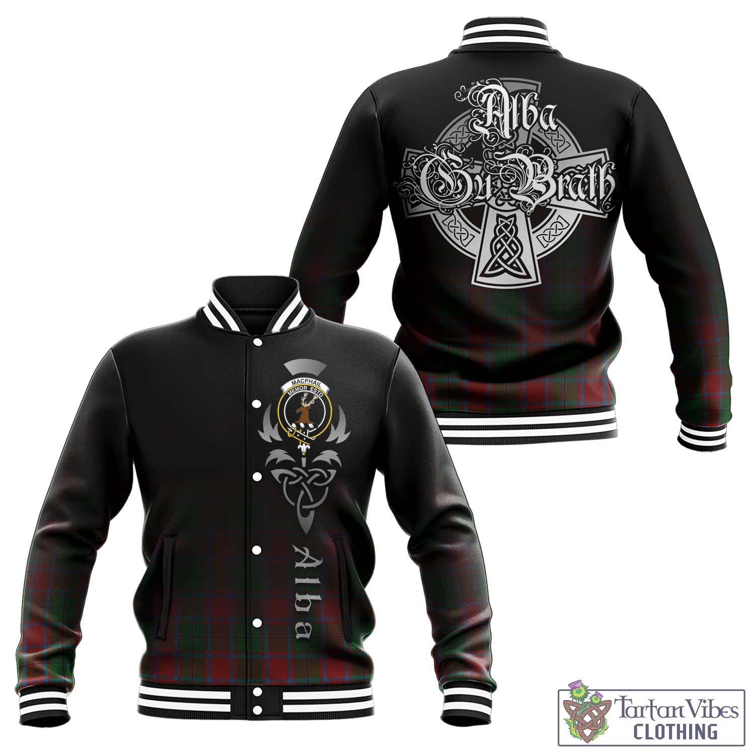 Tartan Vibes Clothing MacPhail Blue Bands Tartan Baseball Jacket Featuring Alba Gu Brath Family Crest Celtic Inspired