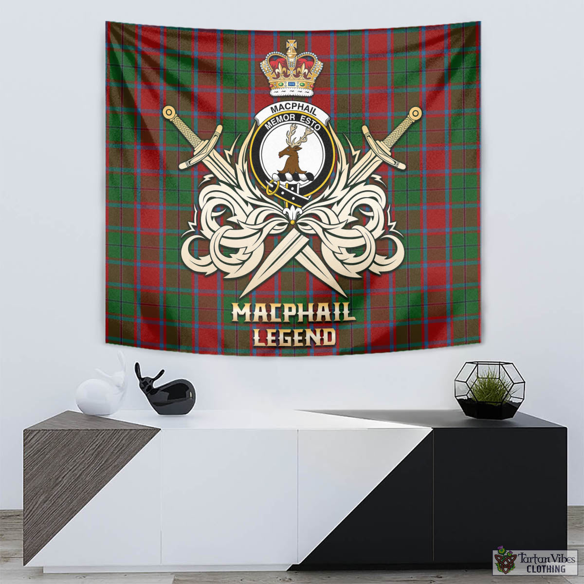 Tartan Vibes Clothing MacPhail Blue Bands Tartan Tapestry with Clan Crest and the Golden Sword of Courageous Legacy