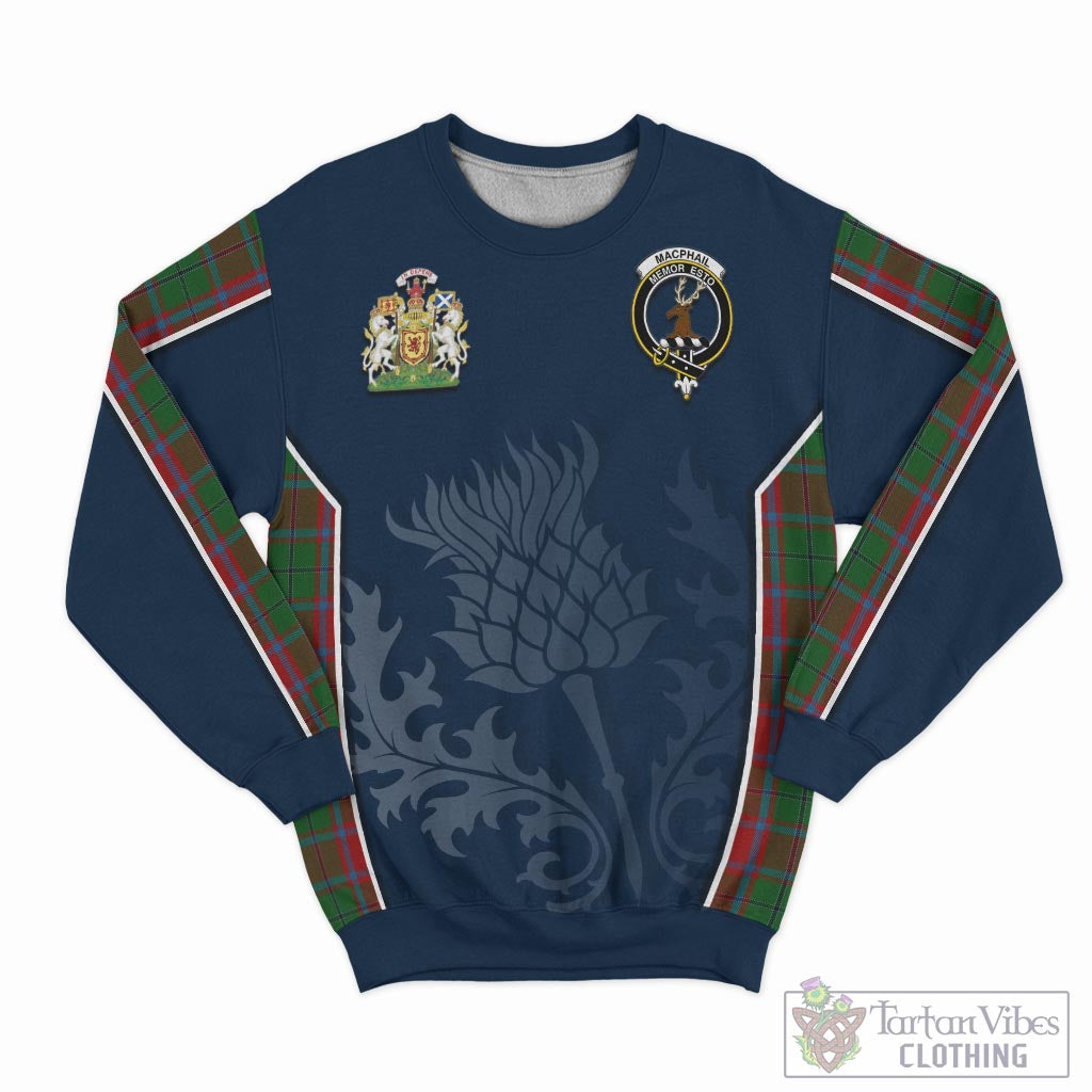 Tartan Vibes Clothing MacPhail Blue Bands Tartan Sweatshirt with Family Crest and Scottish Thistle Vibes Sport Style