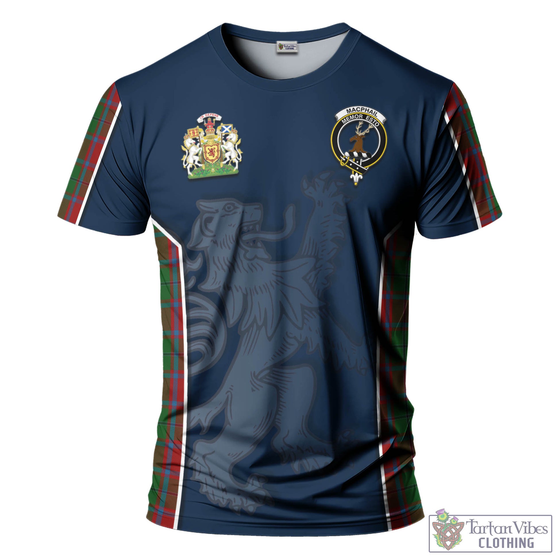 Tartan Vibes Clothing MacPhail Blue Bands Tartan T-Shirt with Family Crest and Lion Rampant Vibes Sport Style