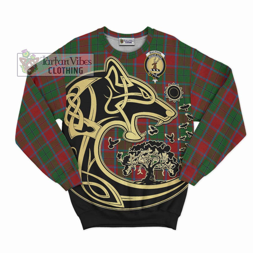 MacPhail Blue Bands Tartan Sweatshirt with Family Crest Celtic Wolf Style - Tartan Vibes Clothing