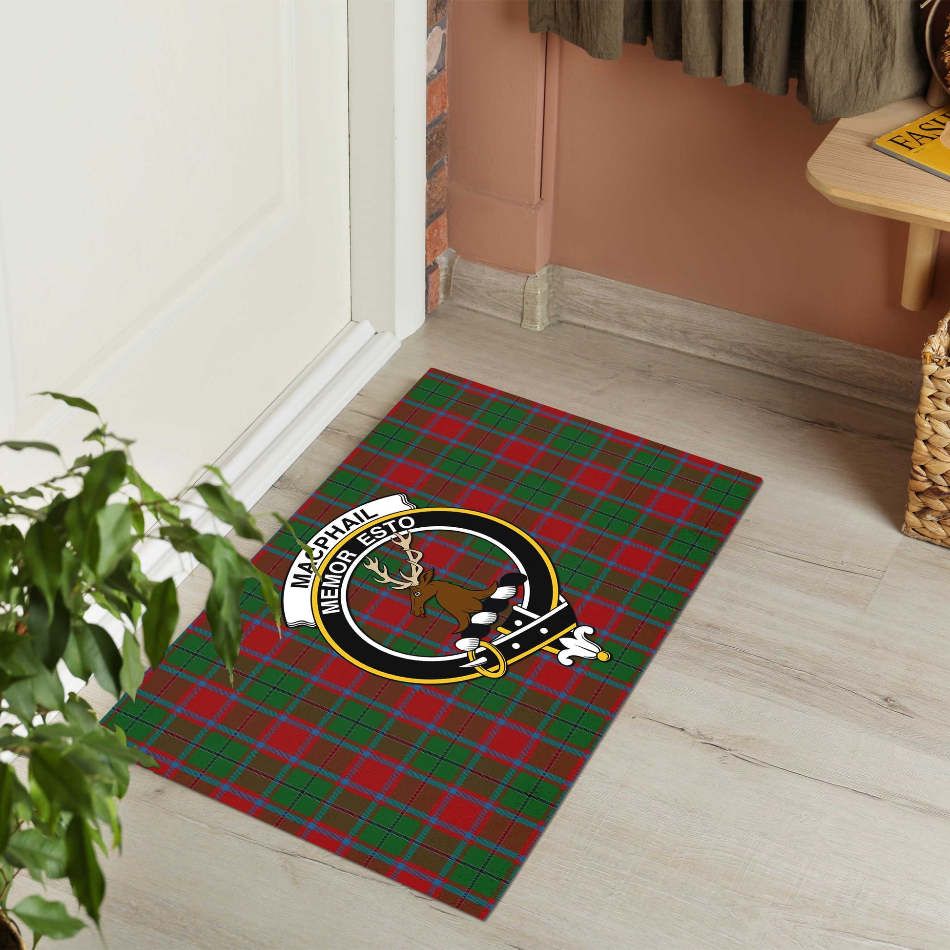 MacPhail Blue Bands Tartan Door Mat with Family Crest - Tartanvibesclothing