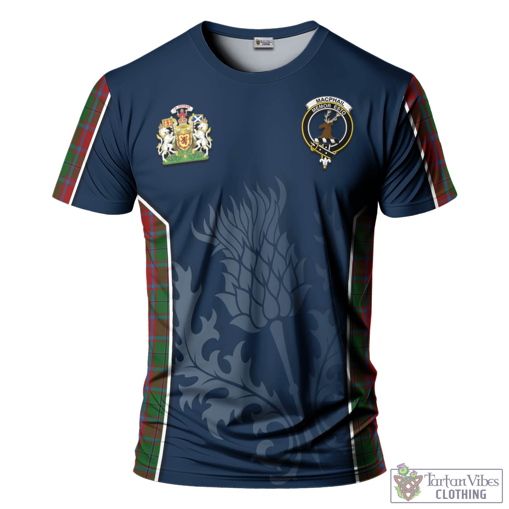 Tartan Vibes Clothing MacPhail Blue Bands Tartan T-Shirt with Family Crest and Scottish Thistle Vibes Sport Style