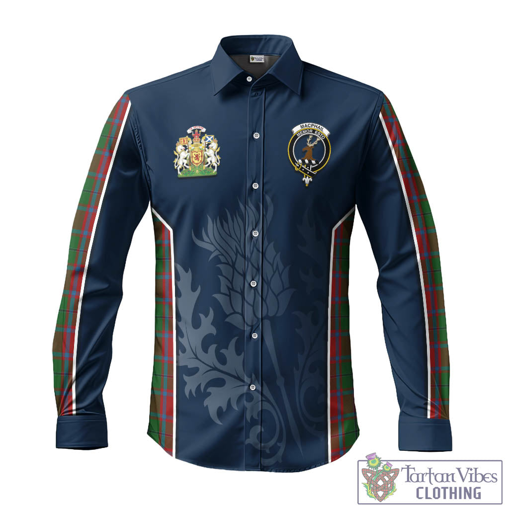 Tartan Vibes Clothing MacPhail Blue Bands Tartan Long Sleeve Button Up Shirt with Family Crest and Scottish Thistle Vibes Sport Style