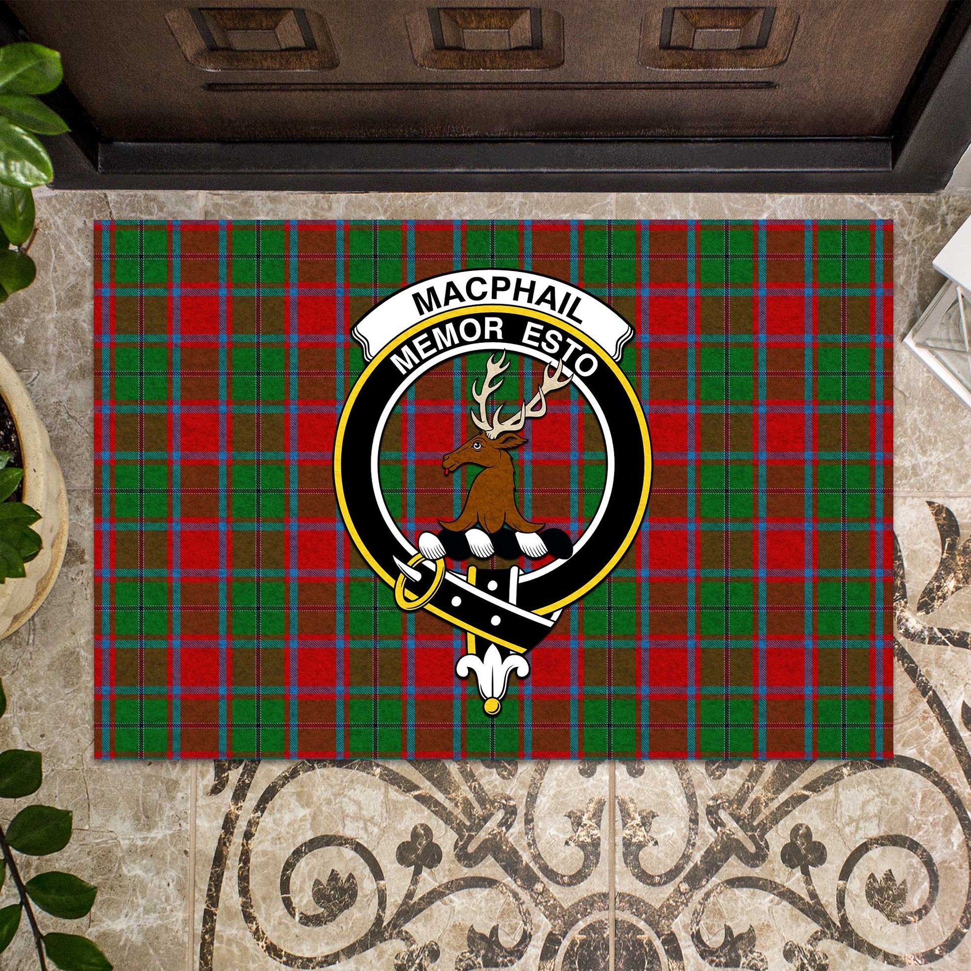 MacPhail Blue Bands Tartan Door Mat with Family Crest - Tartanvibesclothing