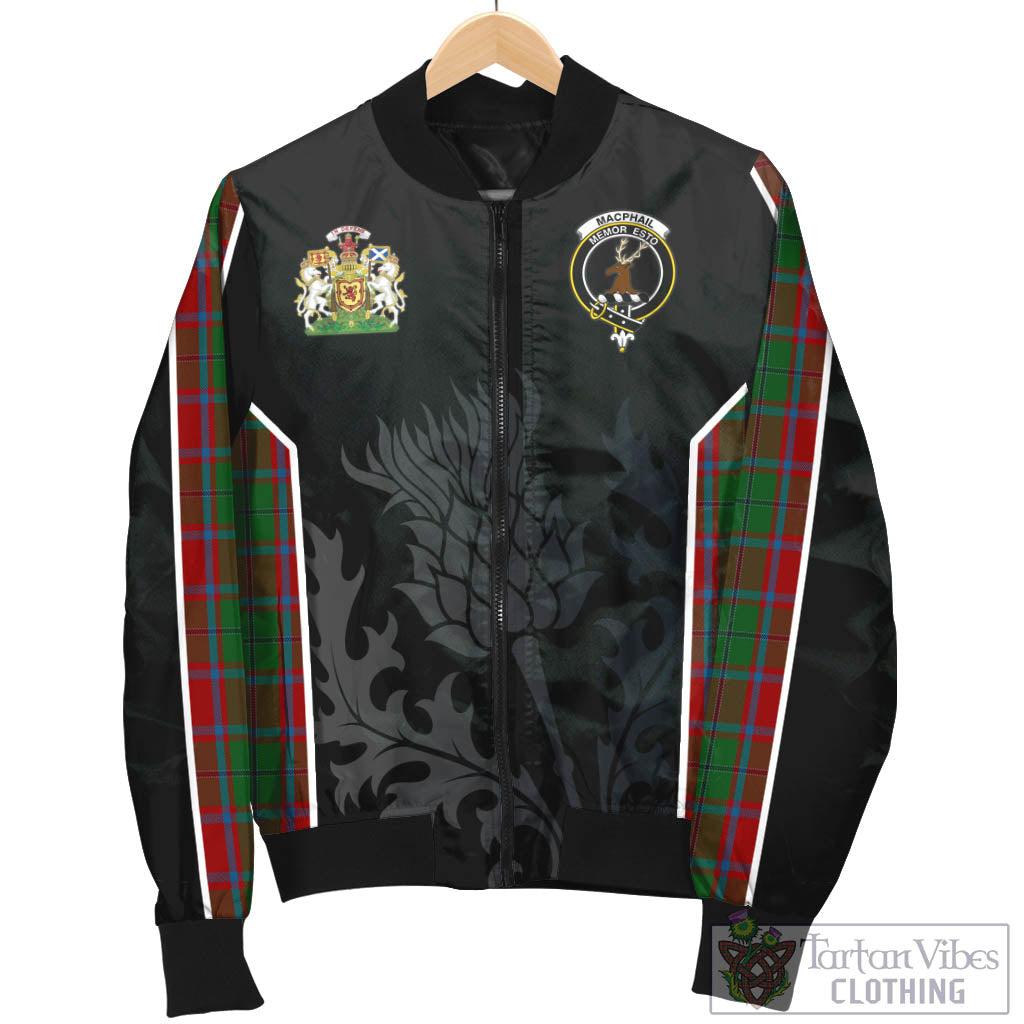 Tartan Vibes Clothing MacPhail Blue Bands Tartan Bomber Jacket with Family Crest and Scottish Thistle Vibes Sport Style