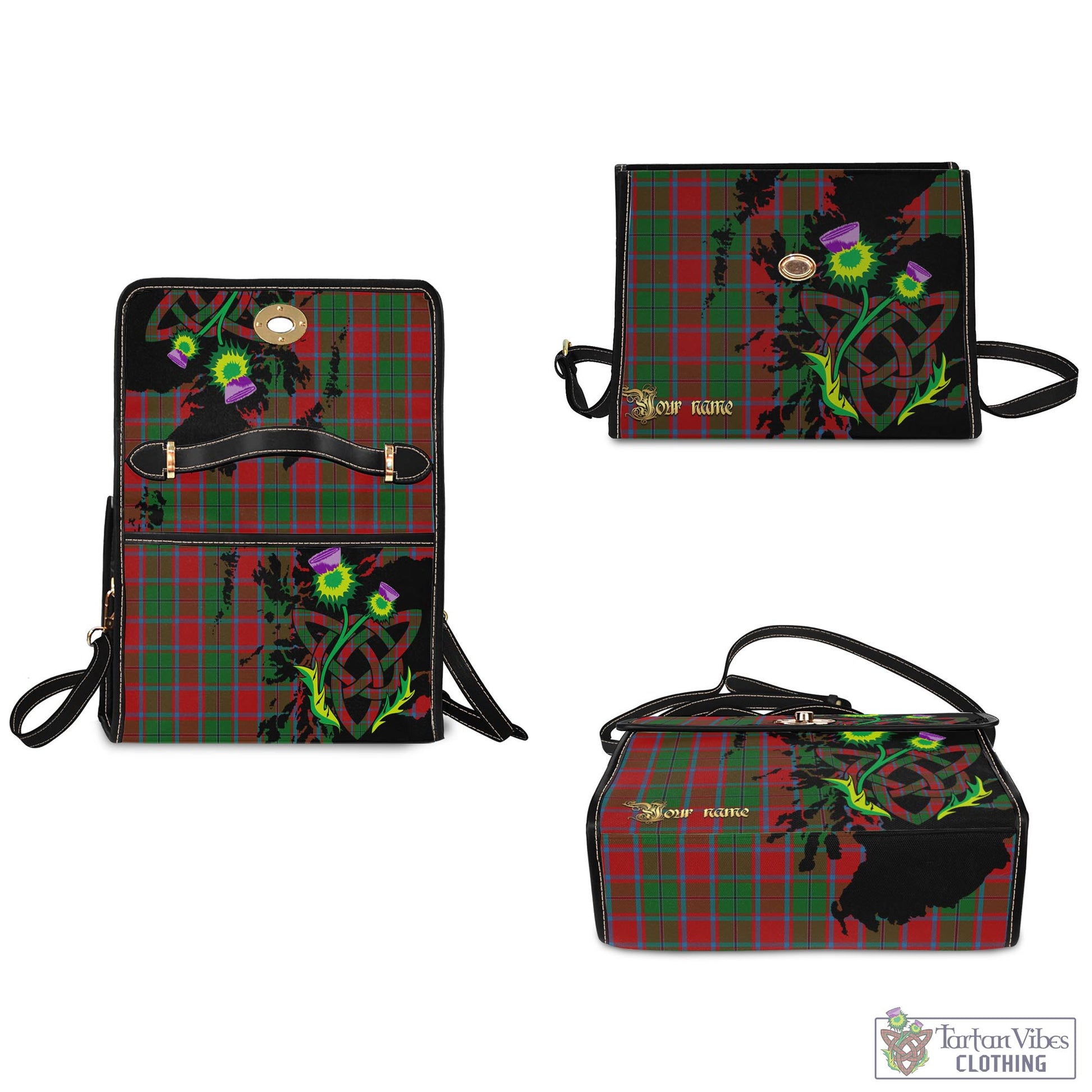 Tartan Vibes Clothing MacPhail Blue Bands Tartan Waterproof Canvas Bag with Scotland Map and Thistle Celtic Accents