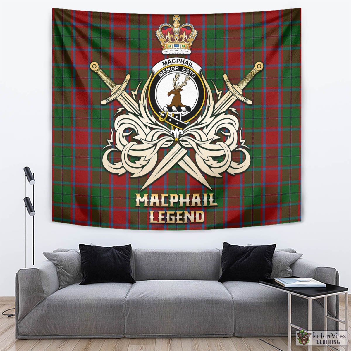 Tartan Vibes Clothing MacPhail Blue Bands Tartan Tapestry with Clan Crest and the Golden Sword of Courageous Legacy