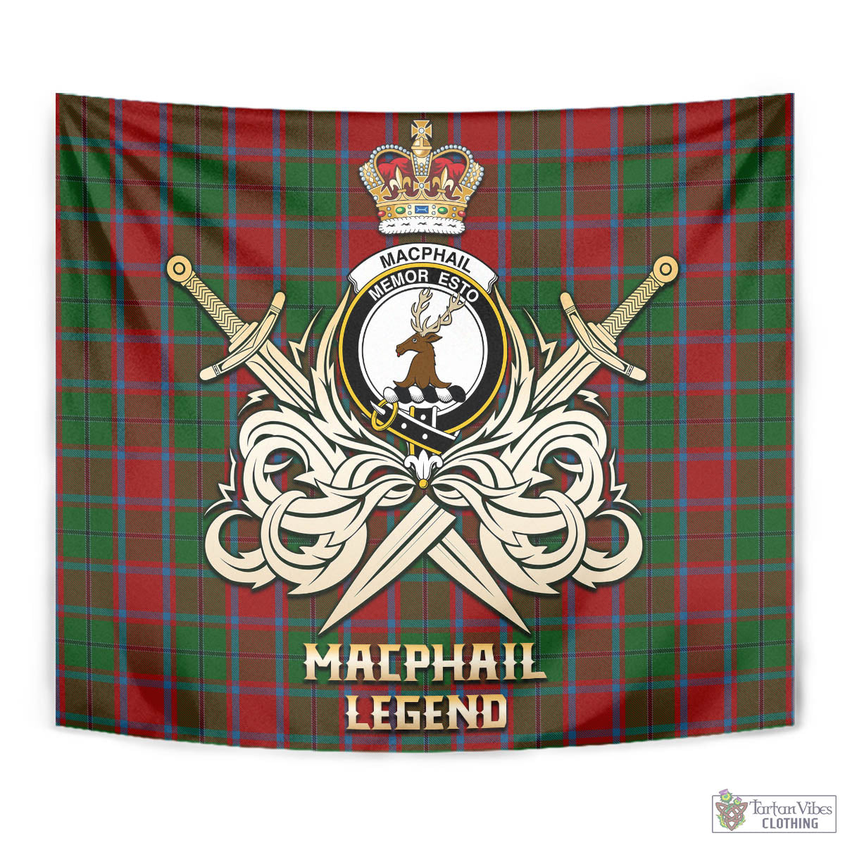 Tartan Vibes Clothing MacPhail Blue Bands Tartan Tapestry with Clan Crest and the Golden Sword of Courageous Legacy