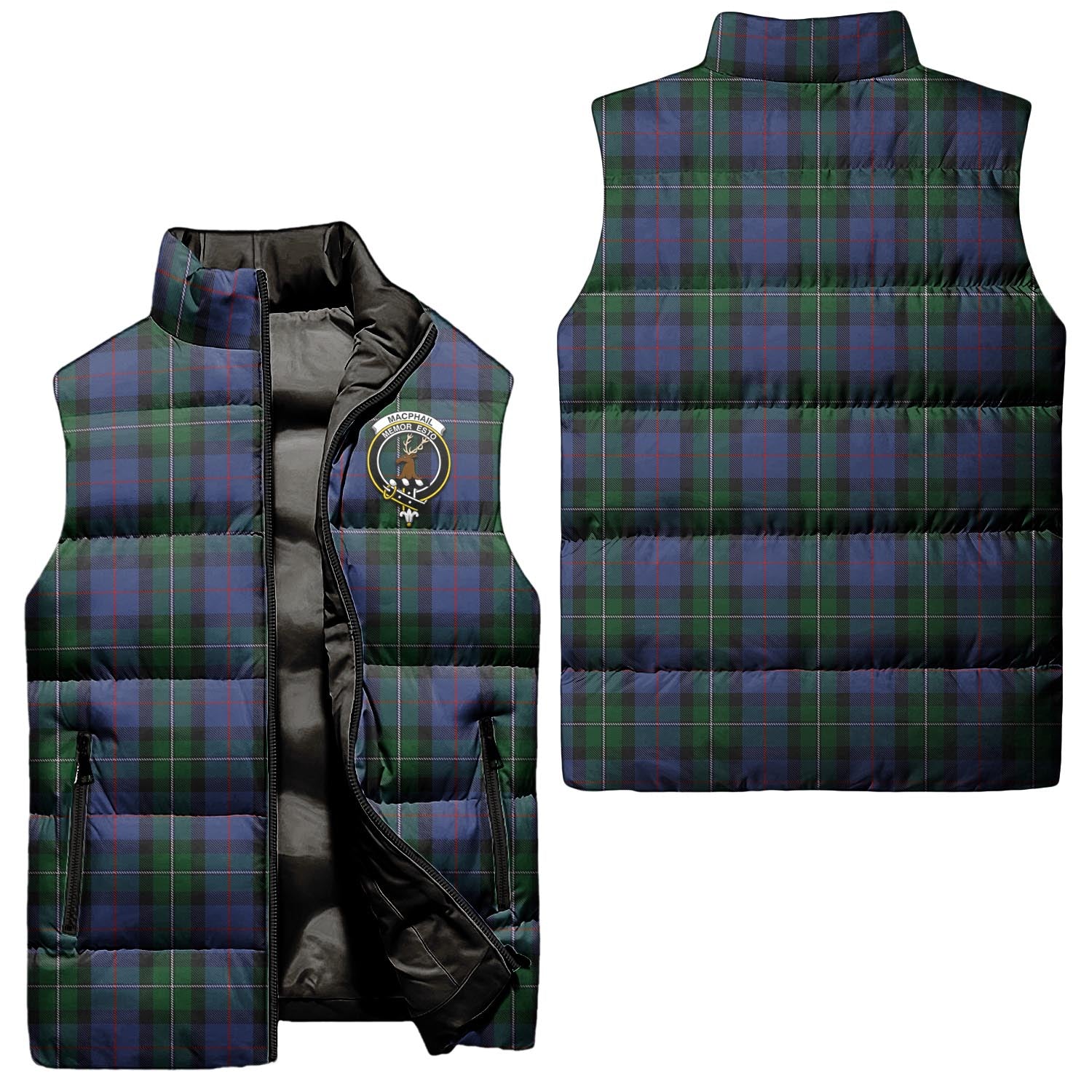 MacPhail Hunting Tartan Sleeveless Puffer Jacket with Family Crest Unisex - Tartanvibesclothing