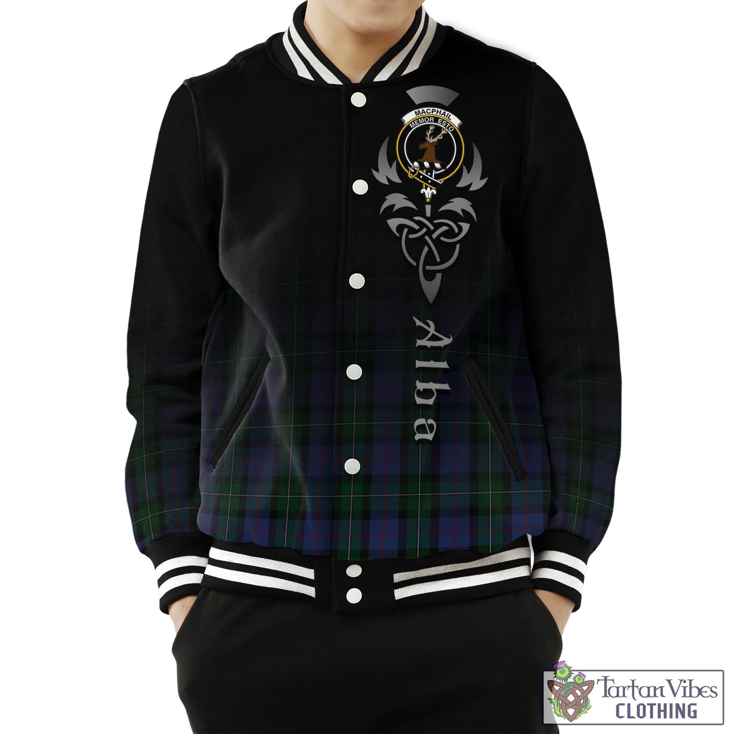 Tartan Vibes Clothing MacPhail Hunting Tartan Baseball Jacket Featuring Alba Gu Brath Family Crest Celtic Inspired