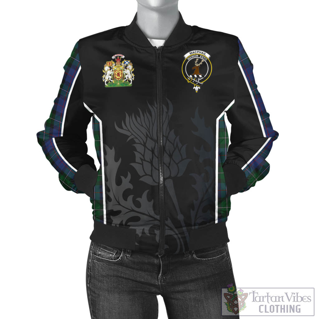 Tartan Vibes Clothing MacPhail Hunting Tartan Bomber Jacket with Family Crest and Scottish Thistle Vibes Sport Style