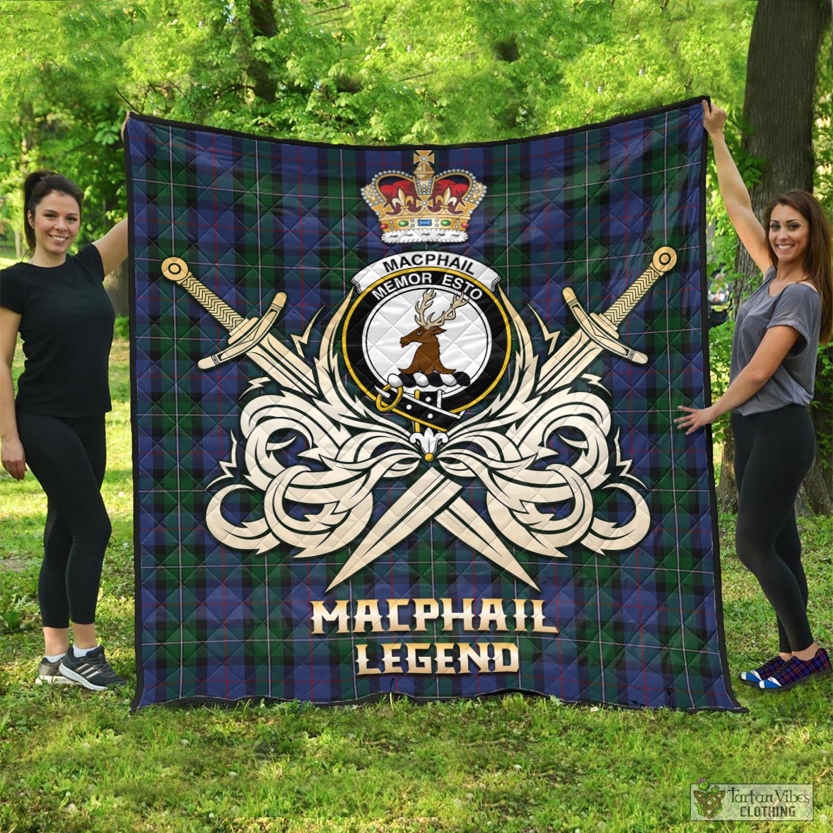 Tartan Vibes Clothing MacPhail Hunting Tartan Quilt with Clan Crest and the Golden Sword of Courageous Legacy