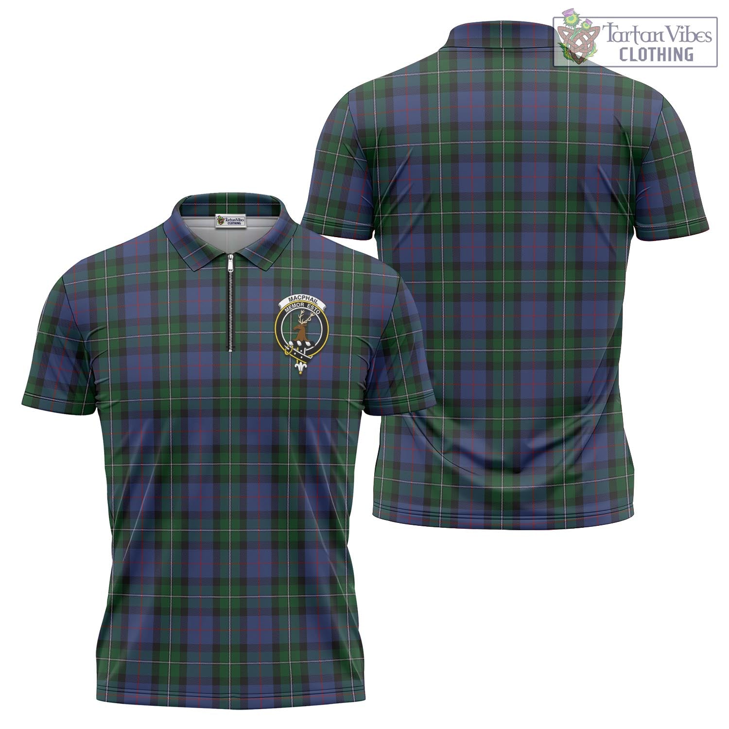 Tartan Vibes Clothing MacPhail Hunting Tartan Zipper Polo Shirt with Family Crest