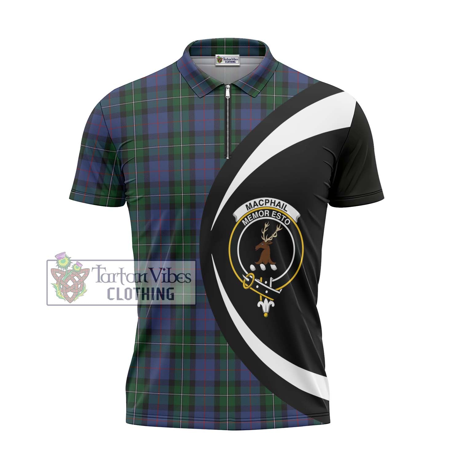 Tartan Vibes Clothing MacPhail Hunting Tartan Zipper Polo Shirt with Family Crest Circle Style