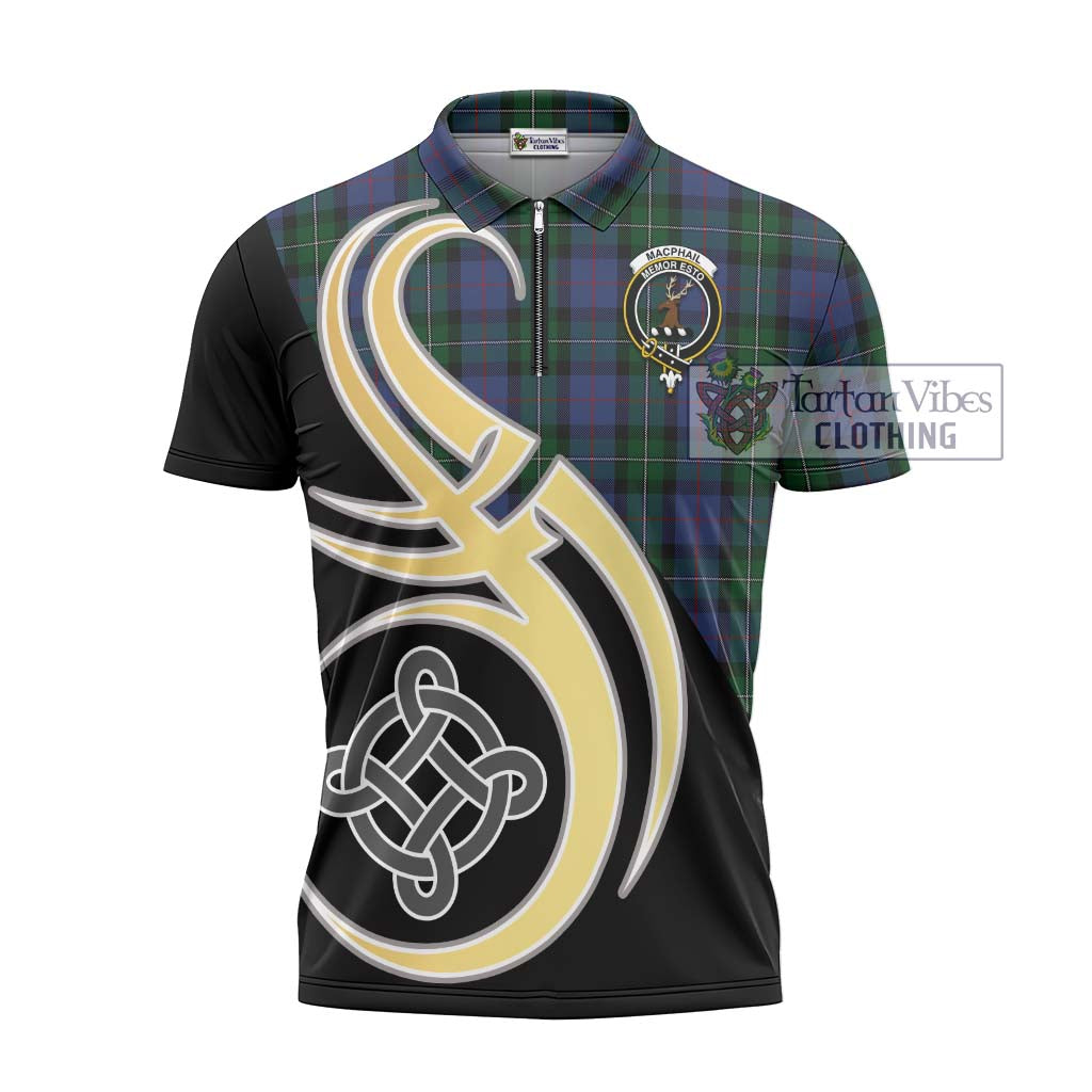 Tartan Vibes Clothing MacPhail Hunting Tartan Zipper Polo Shirt with Family Crest and Celtic Symbol Style