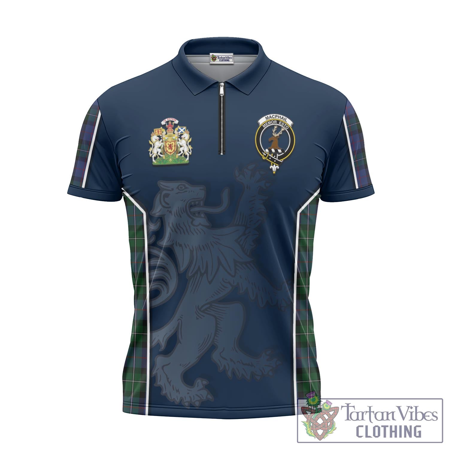 Tartan Vibes Clothing MacPhail Hunting Tartan Zipper Polo Shirt with Family Crest and Lion Rampant Vibes Sport Style