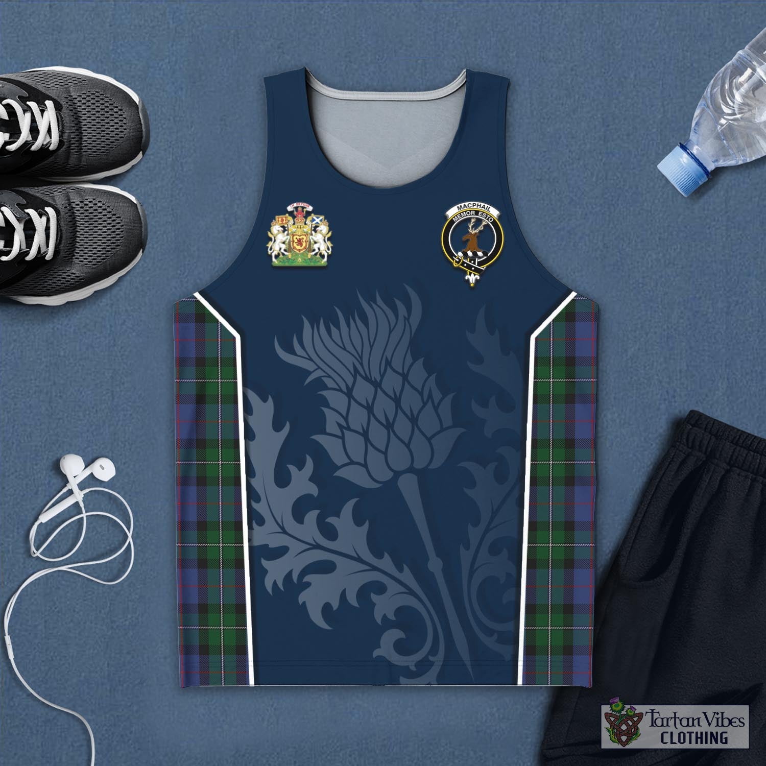 Tartan Vibes Clothing MacPhail Hunting Tartan Men's Tanks Top with Family Crest and Scottish Thistle Vibes Sport Style