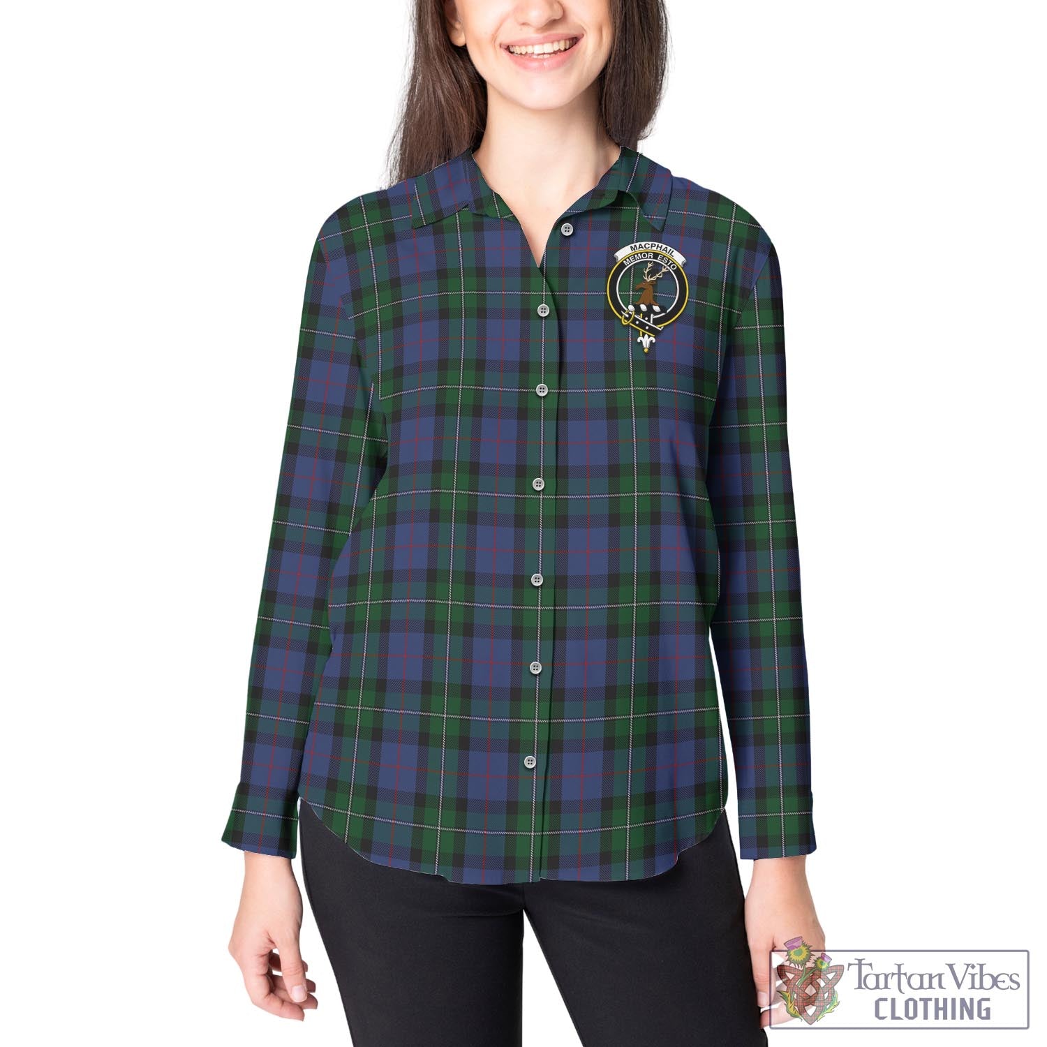 Tartan Vibes Clothing MacPhail Hunting Tartan Womens Casual Shirt with Family Crest