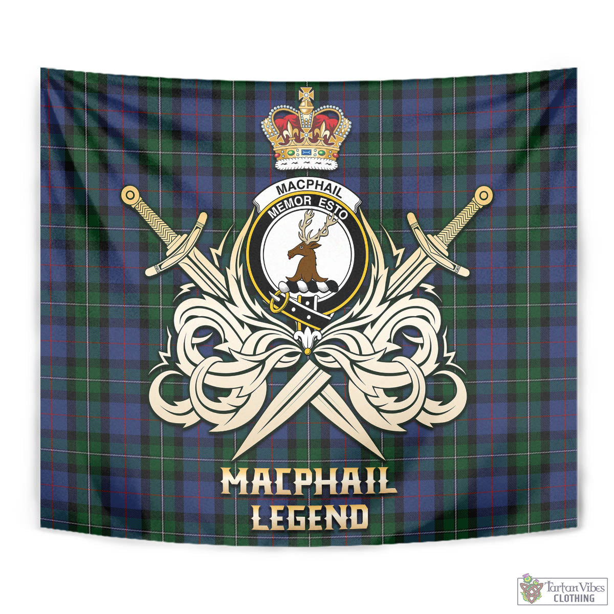 Tartan Vibes Clothing MacPhail Hunting Tartan Tapestry with Clan Crest and the Golden Sword of Courageous Legacy