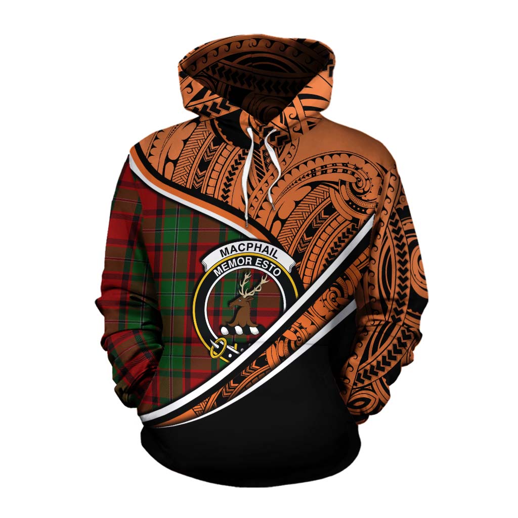 Tartan Vibes Clothing MacPhail (McPhail) Crest Tartan Cotton Hoodie with Maori Tattoo Style - Orange Version