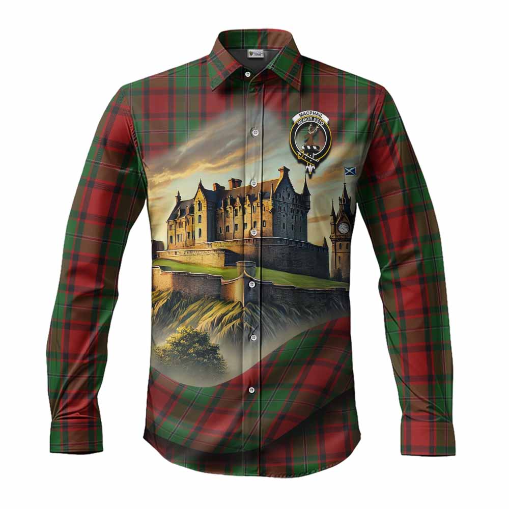 MacPhail (McPhail) Tartan Family Crest Long Sleeve Button Shirt with Scottish Ancient Castle Style Men's Shirt S - Tartan Vibes Clothing