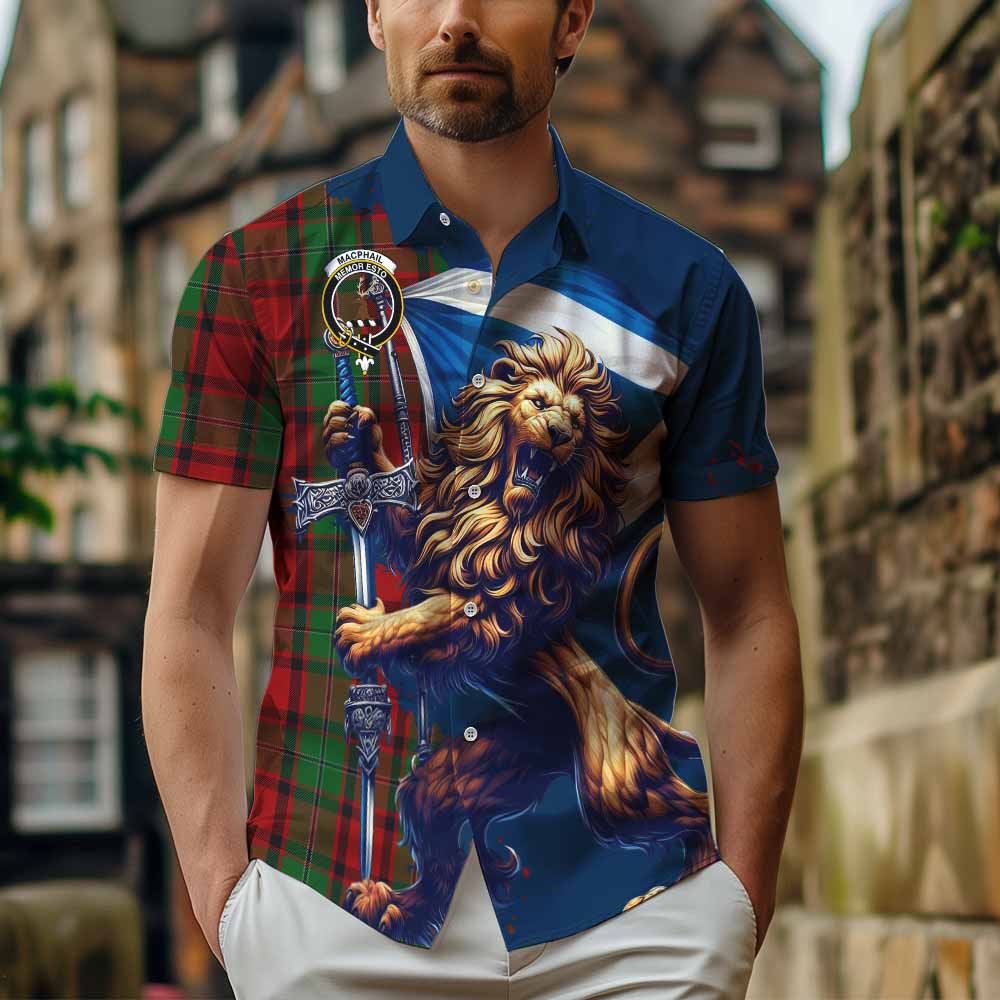 Tartan Vibes Clothing MacPhail (McPhail) Tartan Family Crest Short Sleeve Button Shirt with Scottish Majestic Lion