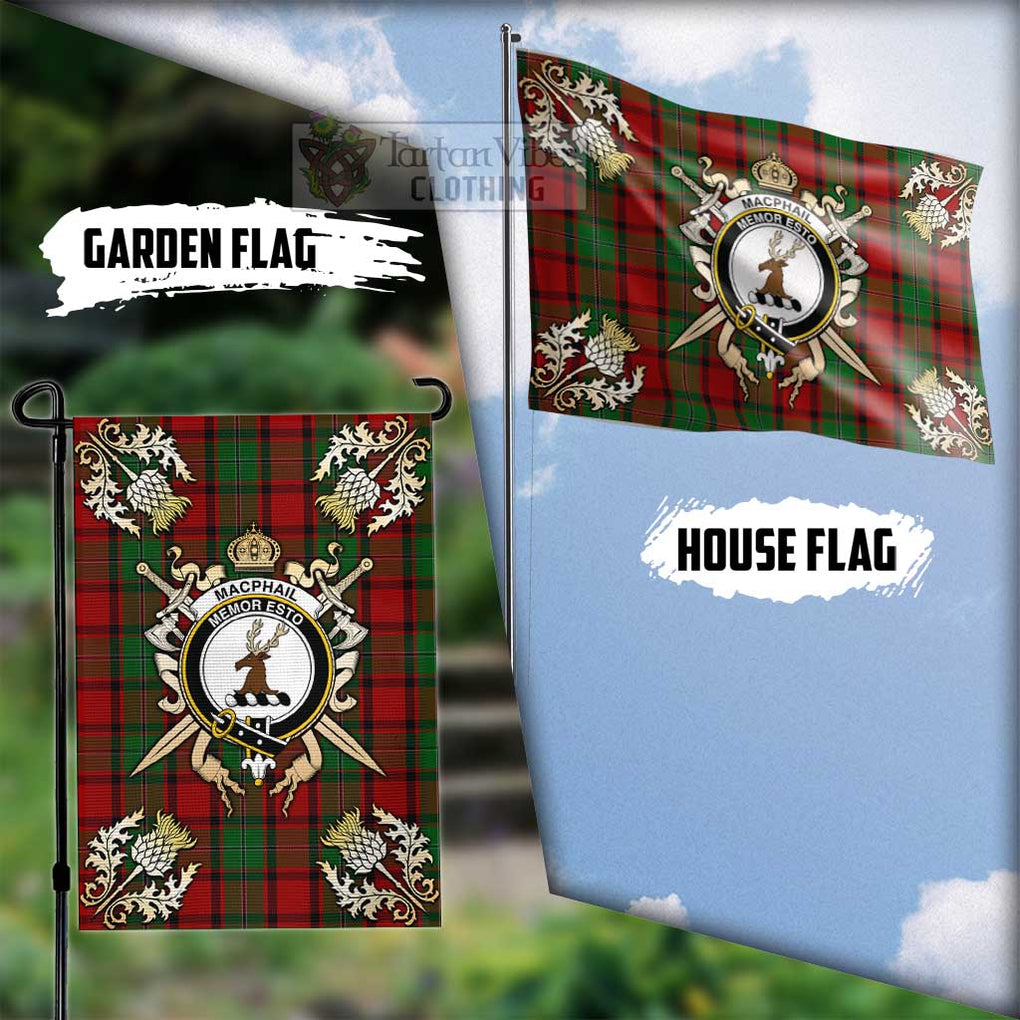 Tartan Vibes Clothing MacPhail (McPhail) Tartan Flag with Family Crest and Golden Thistle Crossed Sword Design