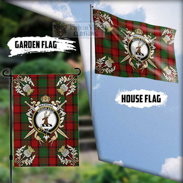 MacPhail (McPhail) Tartan Flag with Family Crest and Golden Thistle Crossed Sword Design