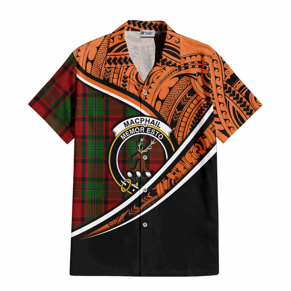 Tartan Vibes Clothing MacPhail (McPhail) Crest Tartan Short Sleeve Button Shirt with Maori Tattoo Style - Orange Version