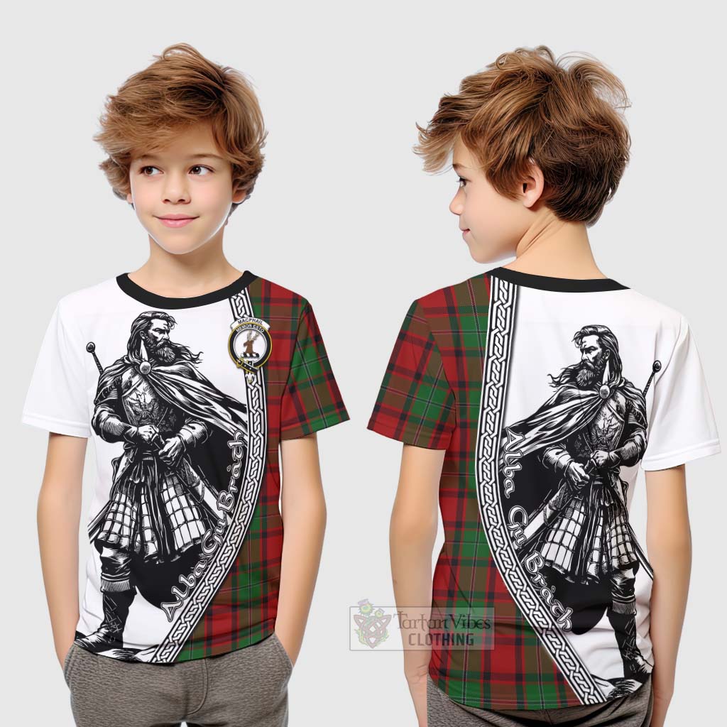 Tartan Vibes Clothing MacPhail (McPhail) Tartan Clan Crest Kid T-Shirt with Highlander Warrior Celtic Style