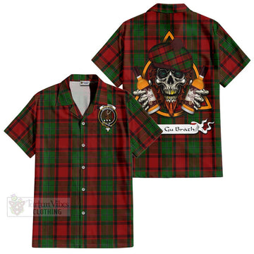 MacPhail (McPhail) Tartan Short Sleeve Button Shirt with Family Crest and Bearded Skull Holding Bottles of Whiskey