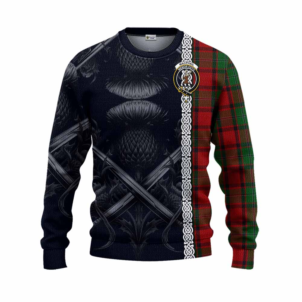 Tartan Vibes Clothing MacPhail (McPhail) Tartan Knitted Sweater with Family Crest Cross Sword Thistle Celtic Vibes