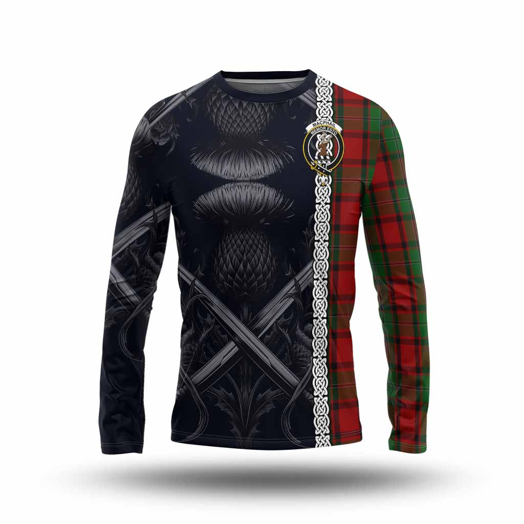 Tartan Vibes Clothing MacPhail (McPhail) Tartan Long Sleeve T-Shirt with Family Crest Cross Sword Thistle Celtic Vibes