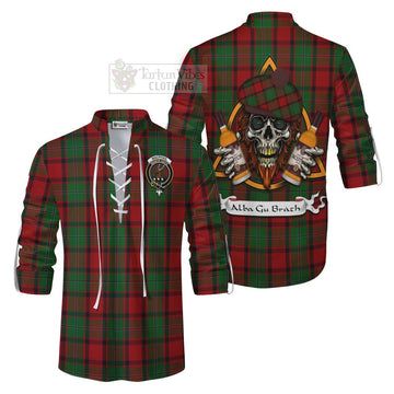 MacPhail (McPhail) Tartan Ghillie Kilt Shirt with Family Crest and Bearded Skull Holding Bottles of Whiskey