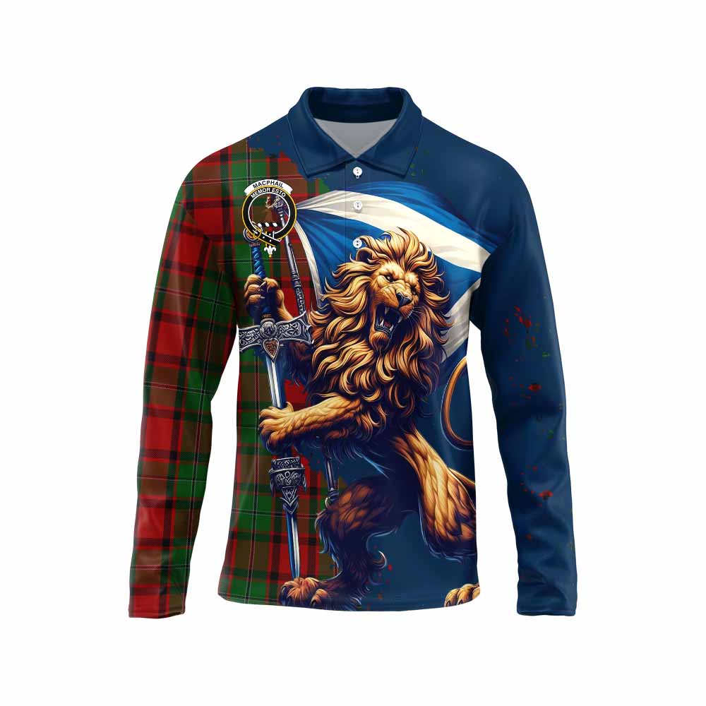 Tartan Vibes Clothing MacPhail (McPhail) Tartan Family Crest Long Sleeve Polo Shirt with Scottish Majestic Lion