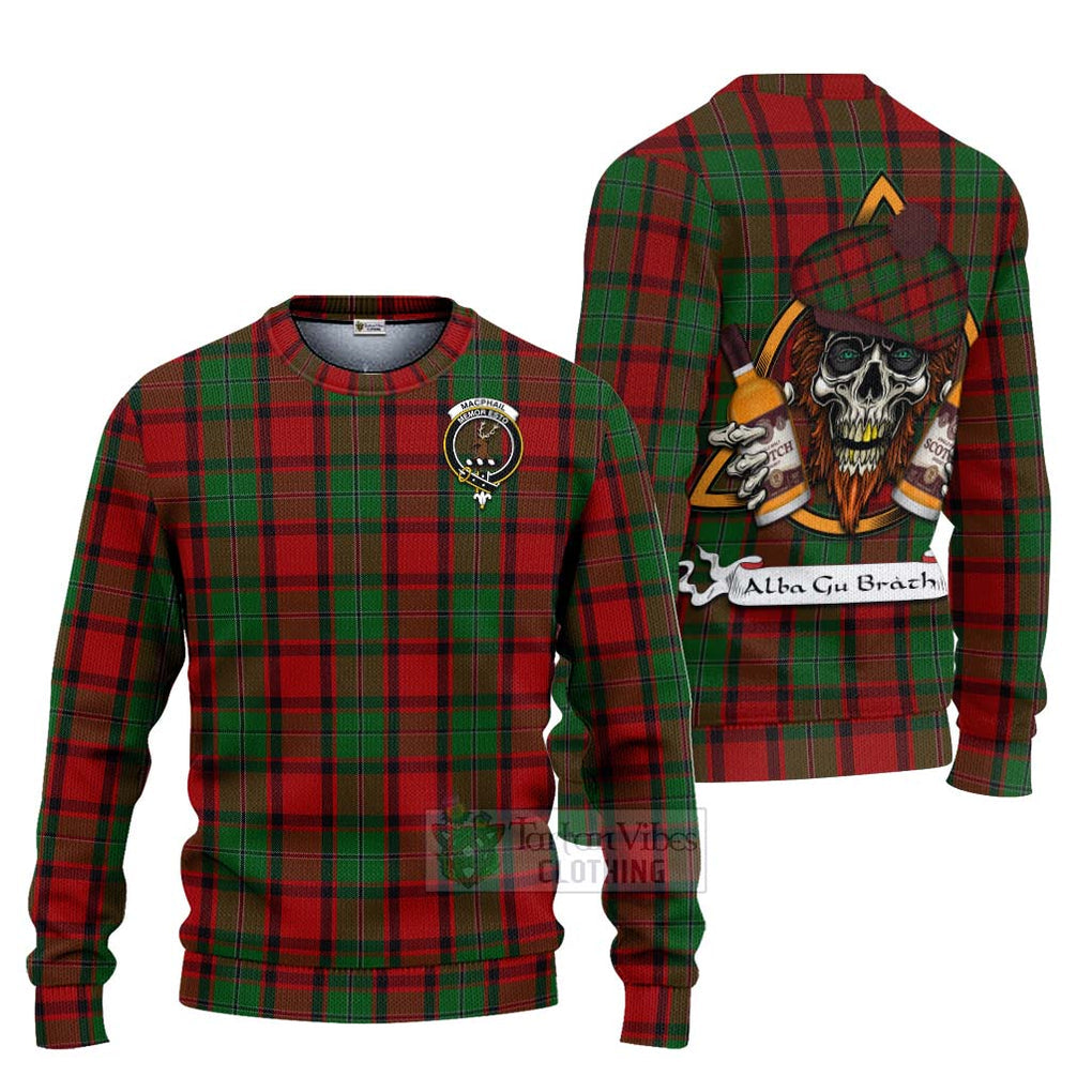 Tartan Vibes Clothing MacPhail (McPhail) Tartan Knitted Sweater with Family Crest and Bearded Skull Holding Bottles of Whiskey