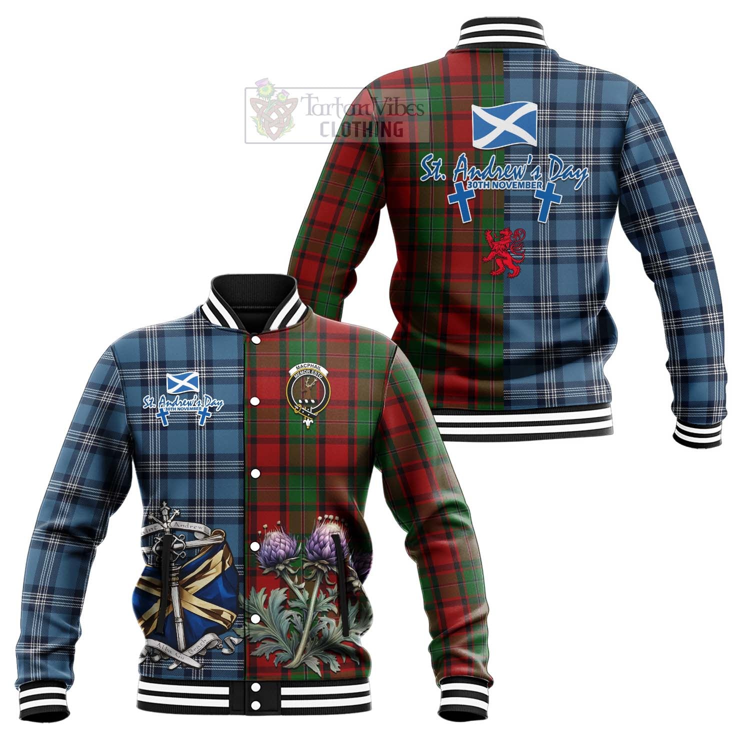 Tartan Vibes Clothing MacPhail (McPhail) Tartan Baseball Jacket Happy St. Andrew's Day Half Tartan Style