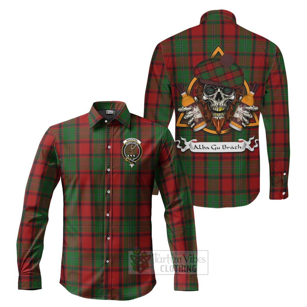 Tartan Vibes Clothing MacPhail (McPhail) Tartan Long Sleeve Button Shirt with Family Crest and Bearded Skull Holding Bottles of Whiskey