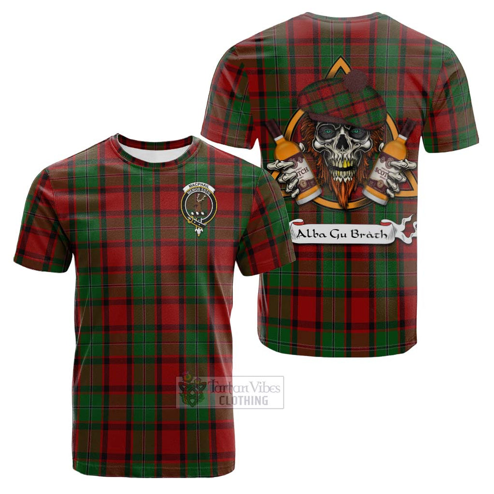 Tartan Vibes Clothing MacPhail (McPhail) Tartan Cotton T-shirt with Family Crest and Bearded Skull Holding Bottles of Whiskey