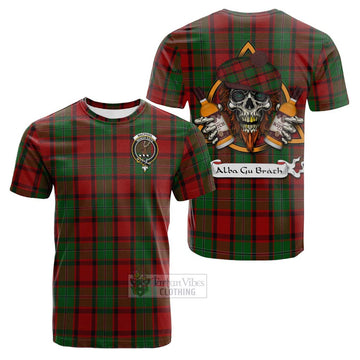 MacPhail (McPhail) Tartan Cotton T-shirt with Family Crest and Bearded Skull Holding Bottles of Whiskey