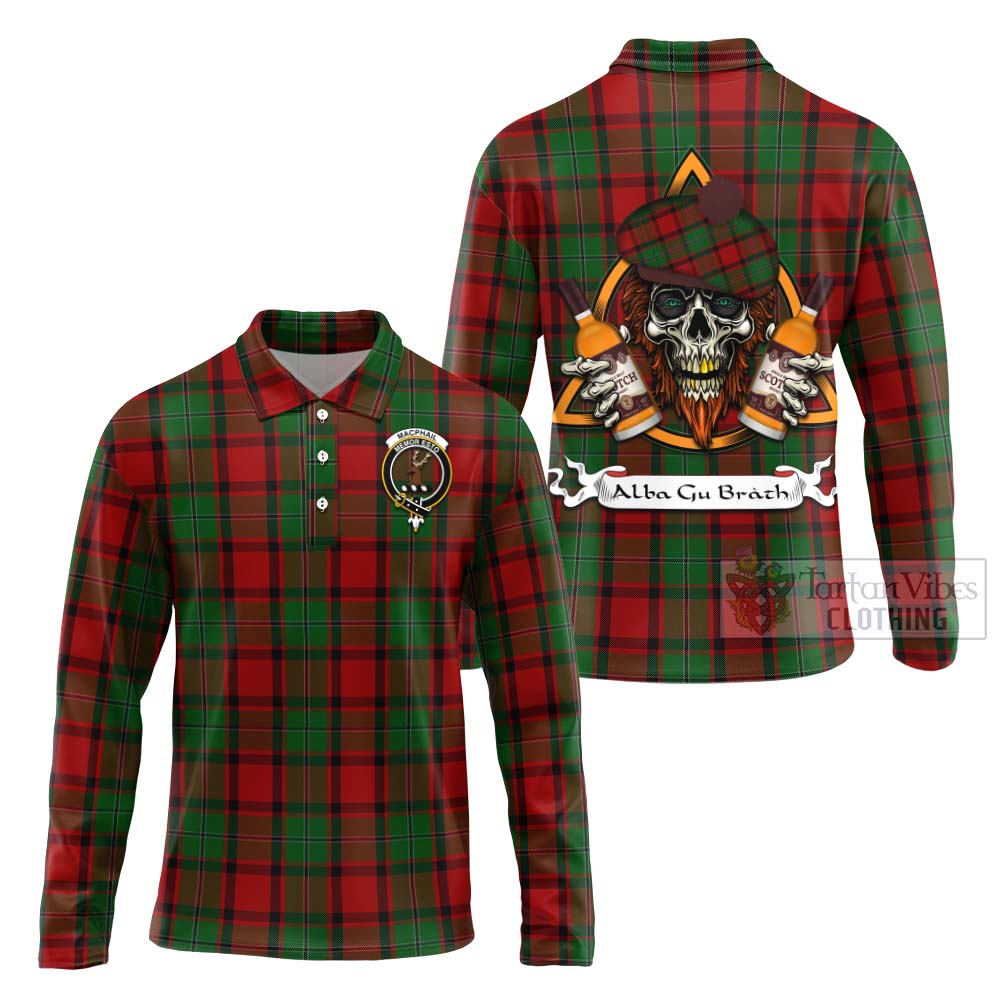 Tartan Vibes Clothing MacPhail (McPhail) Tartan Long Sleeve Polo Shirt with Family Crest and Bearded Skull Holding Bottles of Whiskey