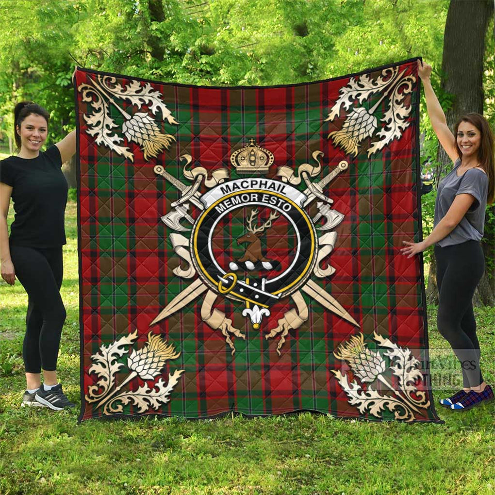 Tartan Vibes Clothing MacPhail (McPhail) Tartan Quilt with Family Crest and Scottish Golden Courage Shield