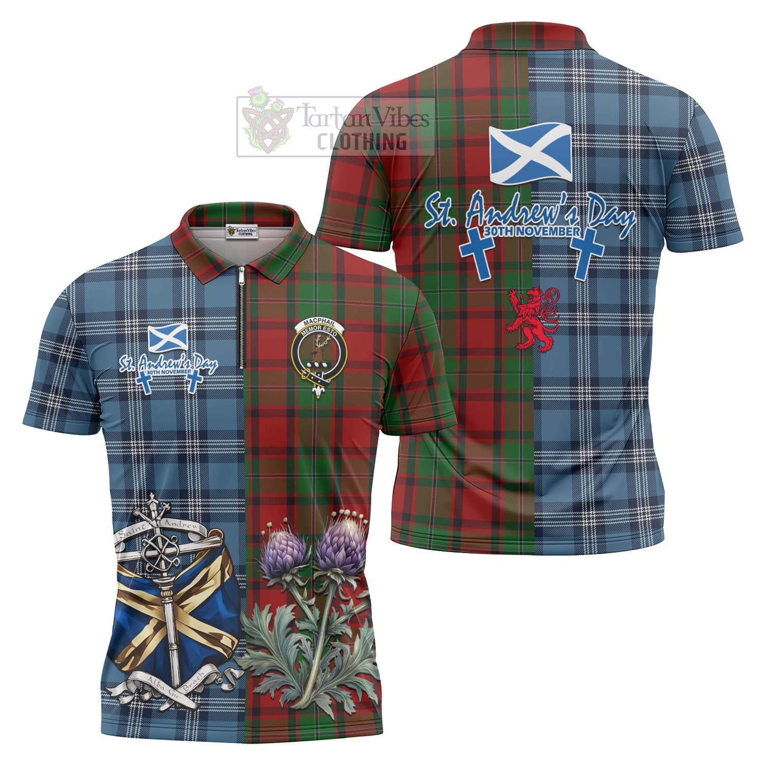 Tartan Vibes Clothing MacPhail (McPhail) Tartan Zipper Polo Shirt Happy St. Andrew's Day Half Tartan Style