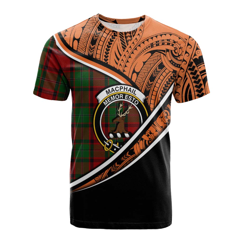 Tartan Vibes Clothing MacPhail (McPhail) Crest Tartan Cotton T-shirt with Maori Tattoo Style - Orange Version