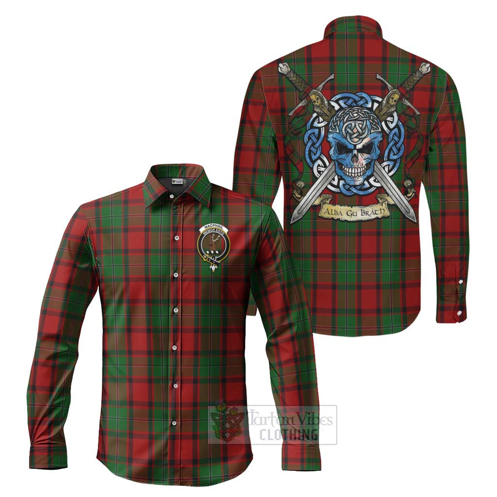 Tartan Vibes Clothing MacPhail (McPhail) Tartan Long Sleeve Button Shirt with Family Crest Celtic Skull Style